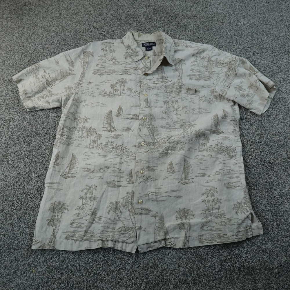 VTG Lands End Shirt Mens L Beige Tan Linen Button Up Tropical Nautical 90s Y2K